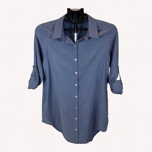 Umgee Blue Roll Tab Slv Shirt Dress or Tunic W/Pockets Sz S Casual Chic Simple